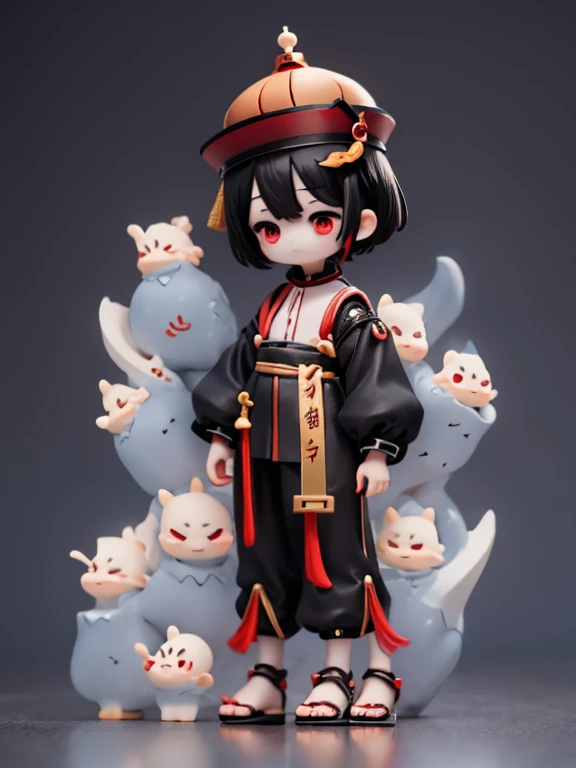 Jiangshi、young,,Mini Characters,Red eyes,Black Hair,Dark atmosphere,Deformed Character,short hair,short hair,Very short hair,thin,You can see the toes,You can see the toes,