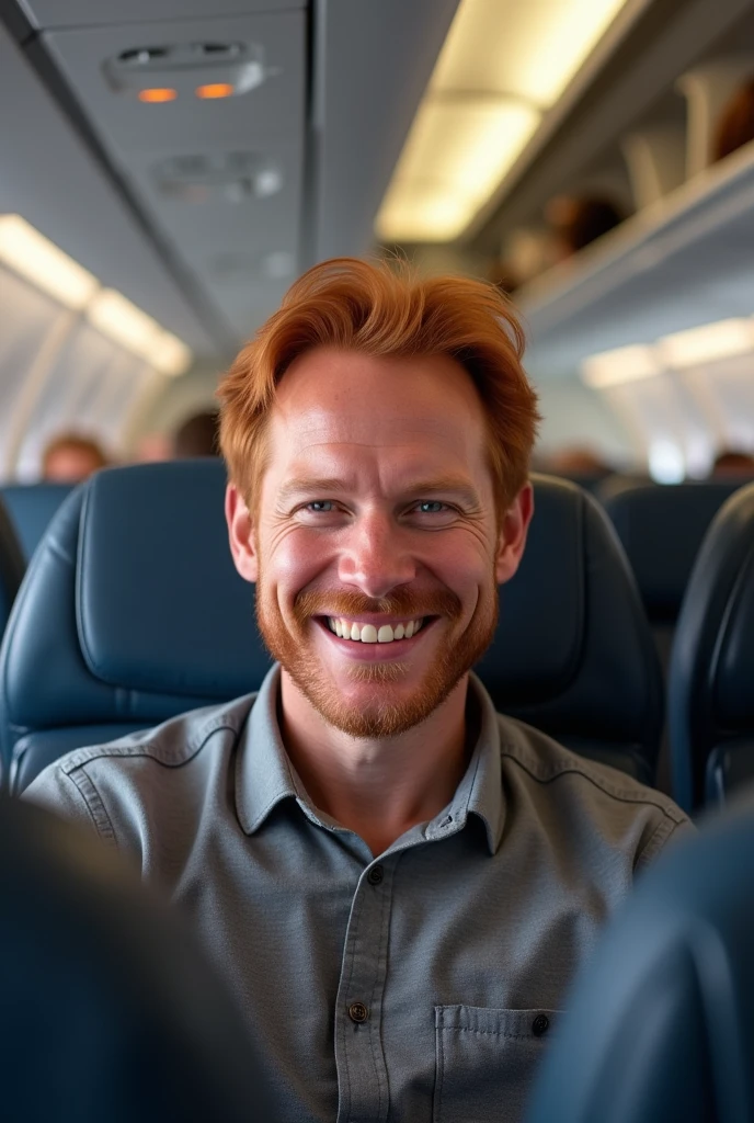 Red-haired man with straight hair sitting in an airplane chair posing and smiling friendly