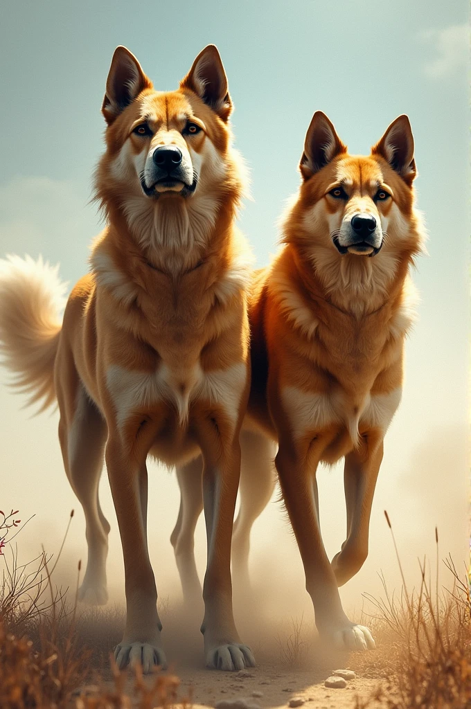 2 dogs standing alone with bravery and flying hairs one overlapping the other 