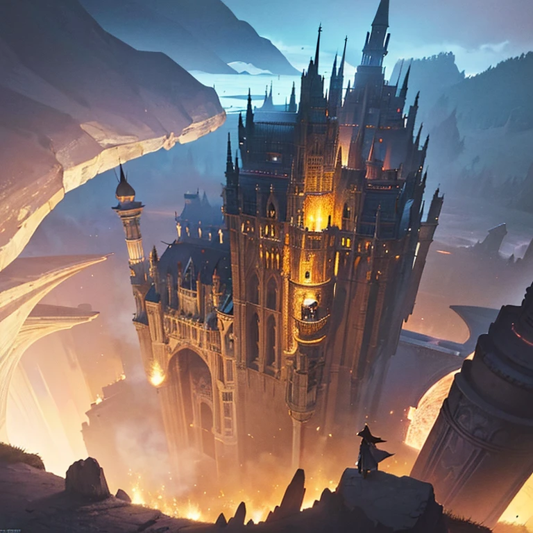 (masterpiece, best quality, ultra-detailed, illustration, high resolution, UHD, depth, cinematic lighting):1.4, solo, 1man, wizard, flying, night sky, outdoors, magic, moon, stars, clouds, mysterious, enchanting, whimsical, adventurous, imagination, realism, naturalistic, fantasy culture, mythology, legends, wizards, fantasy worlds, composition, scale, foreground, middle ground, background, perspective, light, color, texture, detail, powerful young wizard, druïd, dark magic, magic city, sinsiter character, floating above wizard city, side profile, side view, (view from above:1.2)