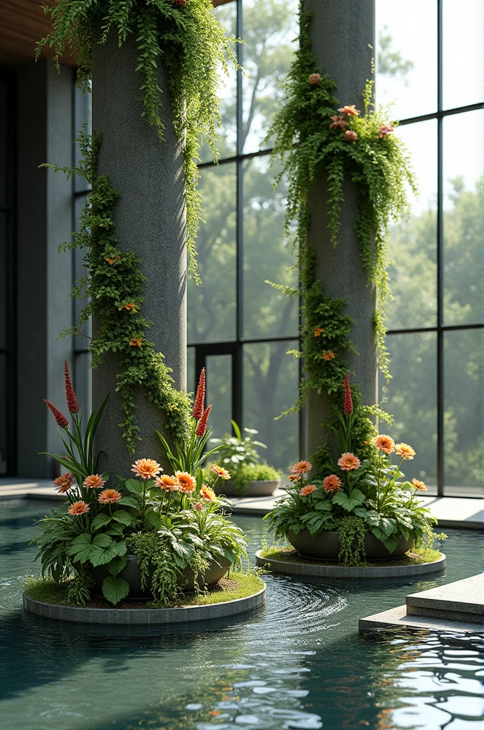Flower in urban area dividers are being played between the pillars and the water is coming down through the pillars by pipes and watering the plants on the dividers which is being collected through the rainwater and the rest of the water is going to store inside the tank which is being place between the pillars