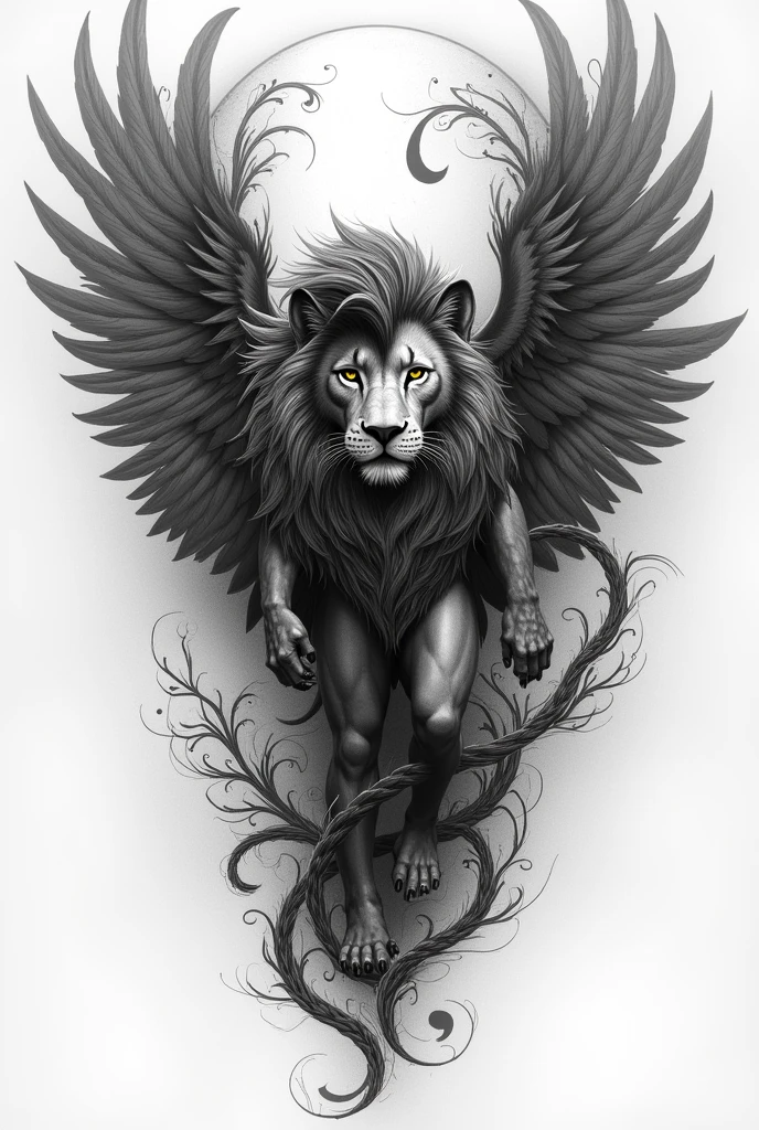 Quero que você crie uma imagem, de uma tatuagem que demonstre masculinidade força e beleza, através de anjo, leão uma tatuagem impactante nunca visto antes, realista no estilo preto e cinza, um fechamento de braço