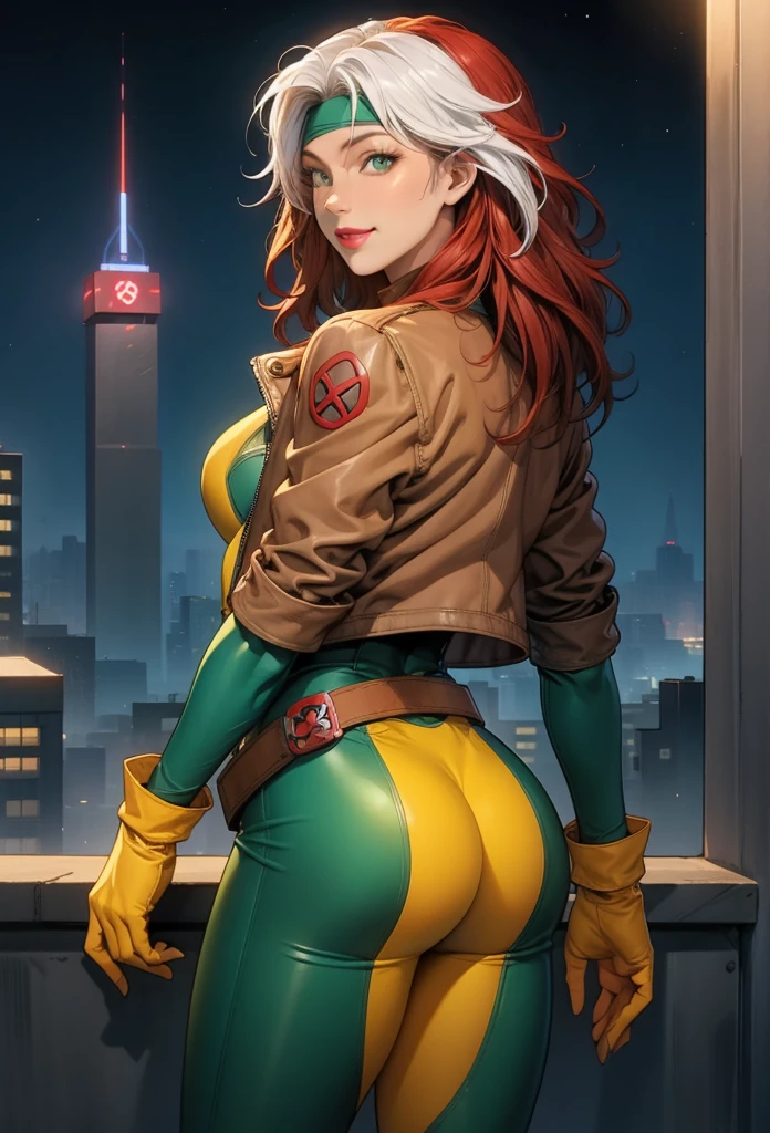 perfect eyes:1.2, detailed eyes:1.4, clsscrgedsk, smile, long hair, multicolored hair, two-tone hair, dyed bangs, white hair, red hair, makeup, lipstick, headband, belt, bodysuit, sleeves rolled up, leather jacket, brown jacket, multicolored bodysuit, green bodysuit, yellow bodysuit, cowboy shot, 1girl, solo, (masterpiece:1.6, best quality), 8k, insane details, intricate details, hyperdetailed, hyper quality, high detail, ultra detailed, professional, HDR, ray tracing reflection, cinematic lighting,