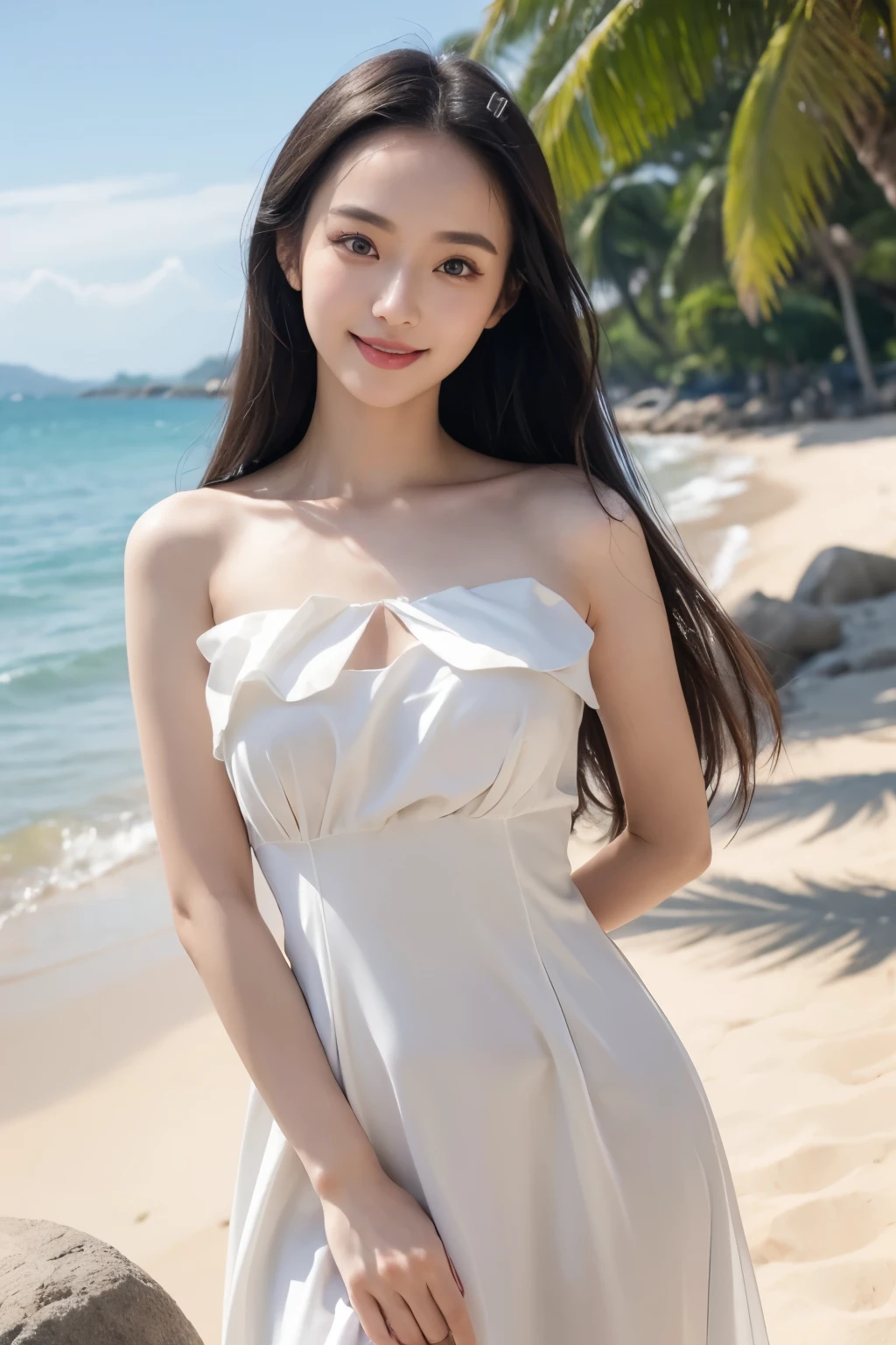 Large bust, Top quality, 1 beautiful kawaii female model, japanese, front facing, straight hair, Wide forehead, Wide forehead, thin eyebrows, Gravure model's body type, stylish, silk simple dress, high-quality clothing, wearing lux fashion, influencer, instagram, smiling, at the sea resort