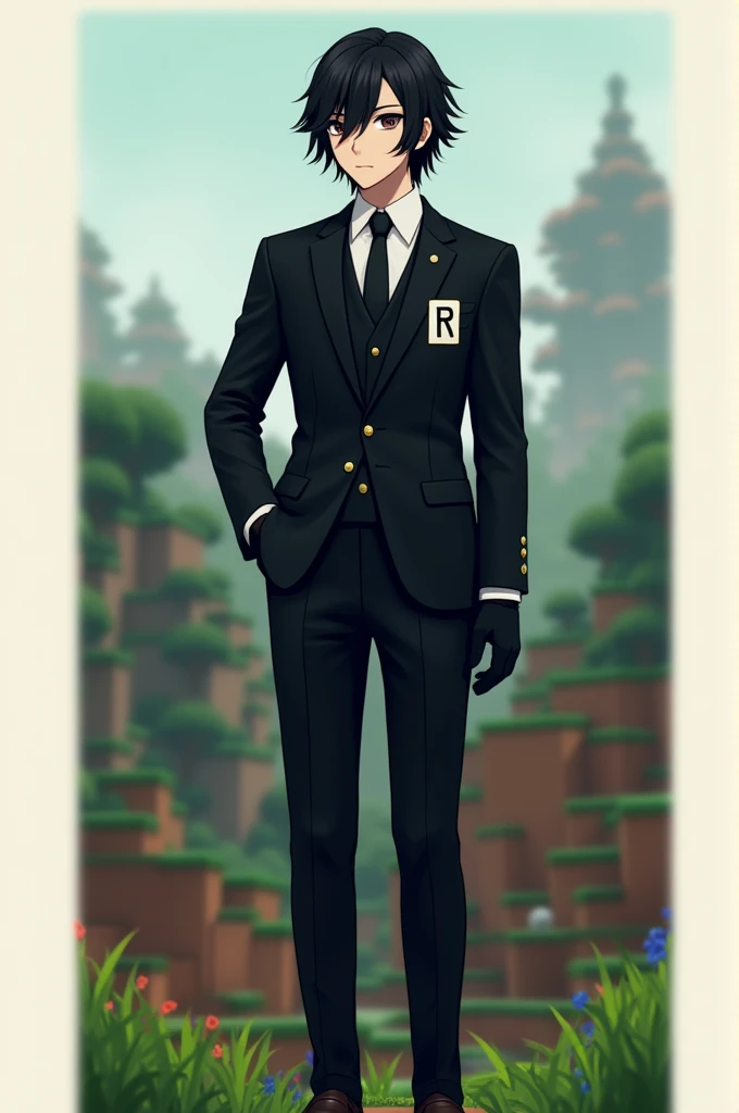 
light skin color dark hair black suit with the letter R in the middle dress shoes with beautiful hair medium yellowish hair color with gloves and bangs with very beautiful eyes. minecraft. blurred white border