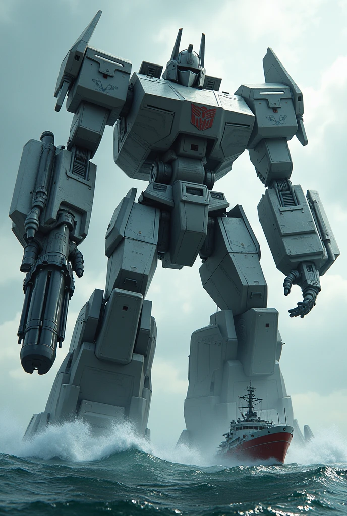 Giant megatrons with right armed mega gun walking from the middle of the sea breaking up the big ships
