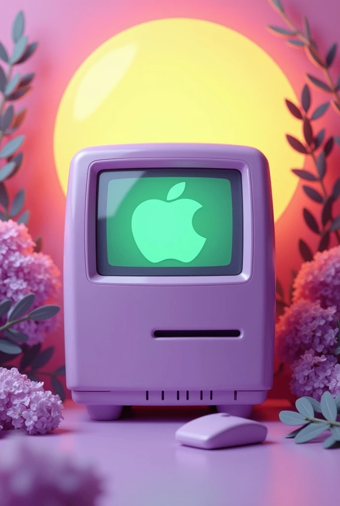 a lilac/purple APPLE computer with a green or yellow background screen
