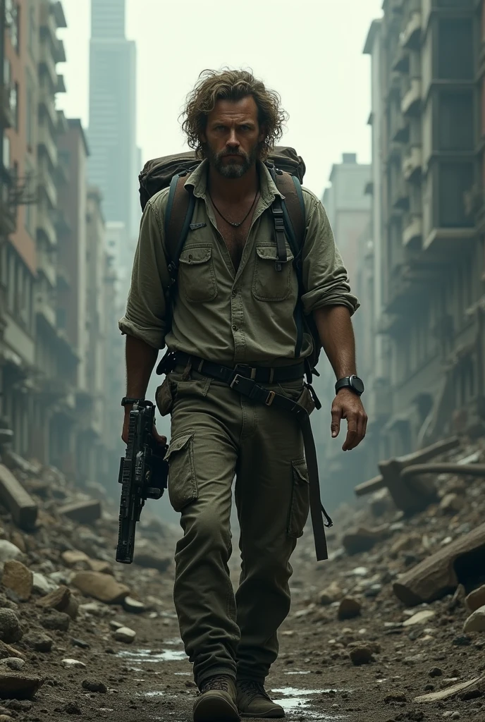 Create a white man with curly hair in an apocalyptic world