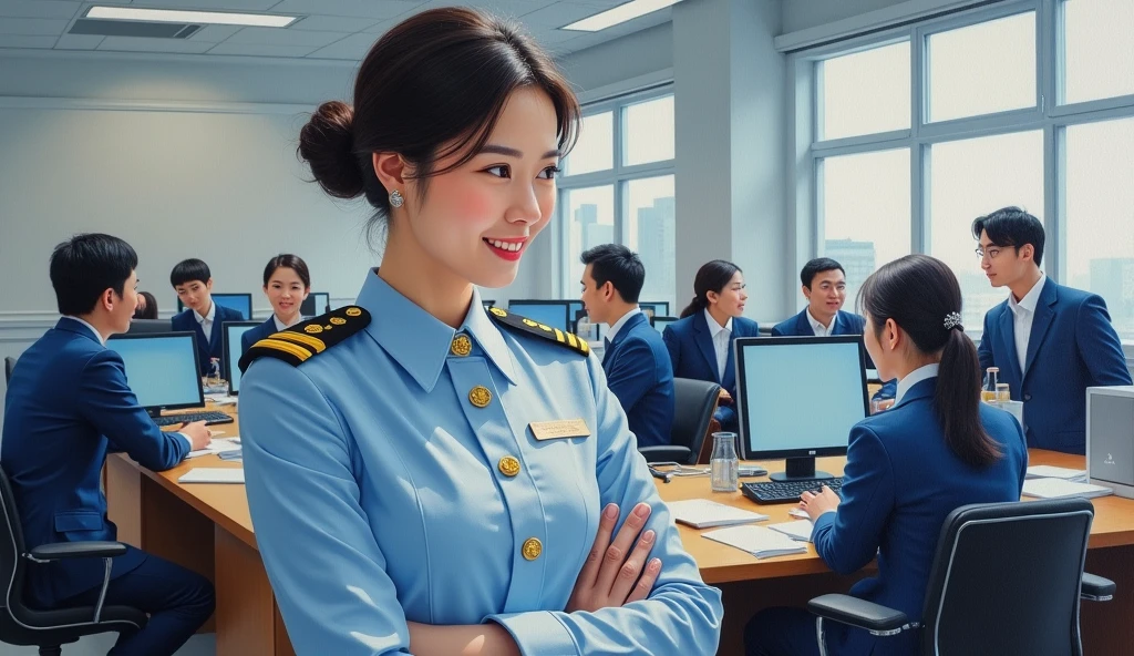 A stunning oil painting of a scene beautifully portraying, In a bustling government office, a young beautiful Korean woman, newly appointed as a government officer, in her crisp official uniform. Surrounded by her colleagues, she engages in discussion, her expression a blend of enthusiasm and determination. Her uniform, neatly pressed and adorned with insignia, symbolizes her new role. The office environment is busy, with papers and computers scattered across desks, highlighting the dynamic and professional atmosphere as she integrates into her new position. The painting exhibits a dream-like, impressionistic style, with visible brushstrokes that create a sense of depth and texture. The color palette primarily consists of light blue, greys, and blacks, evoking a enthusiastic atmosphere. wide shot view. talking to her colleagues