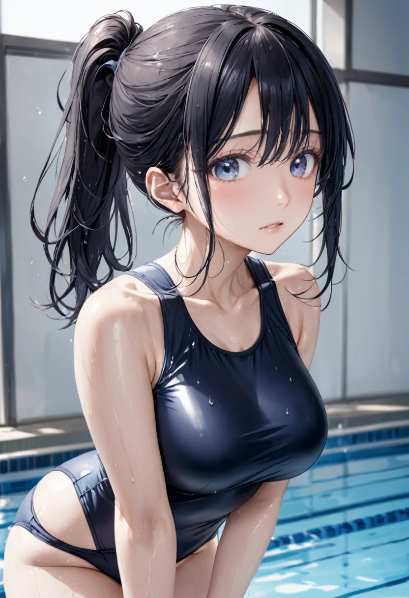 School Swimsuit、Black Hair、ponytail、Wet hair、Beautiful eyes、tits