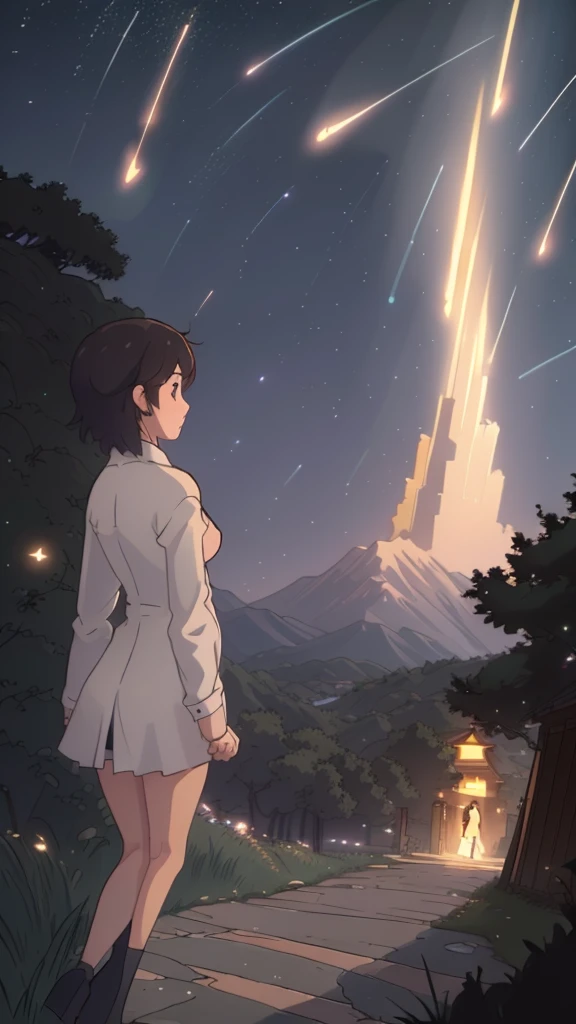 A wide-angle view captures the essence of a masterpiece, showcasing the impeccable quality and hyperrealism in the style of Makoto Shinkai. The scene depicts a breathtaking hillside where a couple's silhouettes stand, gazing at the glittering cityscape of Japan at night. The sky is adorned with a myriad of stars, and a shooting star streaks across, illuminating the area beside the characters' faces. This magical and romantic atmosphere is further enhanced as the couple's figures blend seamlessly with the distant lights, creating a mesmerizing composition.
Generate