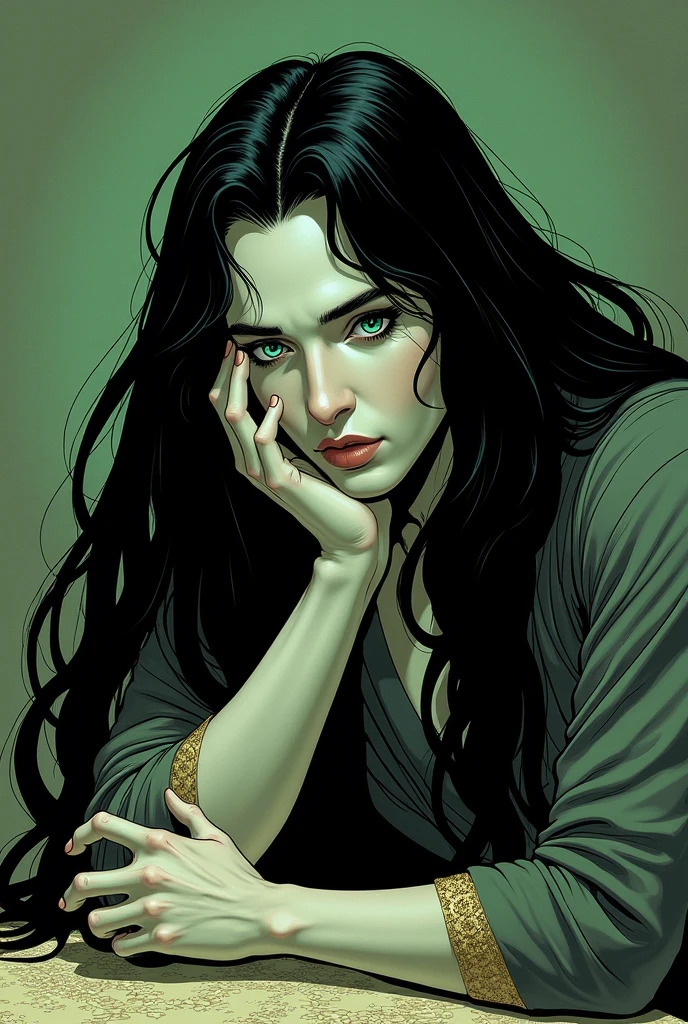 A pale-skinned man, beautiful sleepy emerald eyes, With a bored expression, Effeminate face, moderately pompous lips, extremely long jet-black hair, Wearing the attire of an ancient Egyptian God, leaning on a table with his face resting on his hand, attractive and extremely handsome, ((panel comic Marvel))
