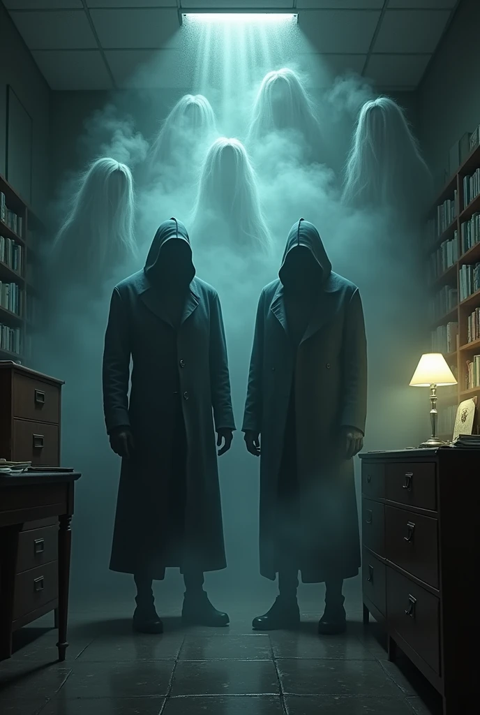 Peter and parker two dead detectives stand in office and lot of souls around them