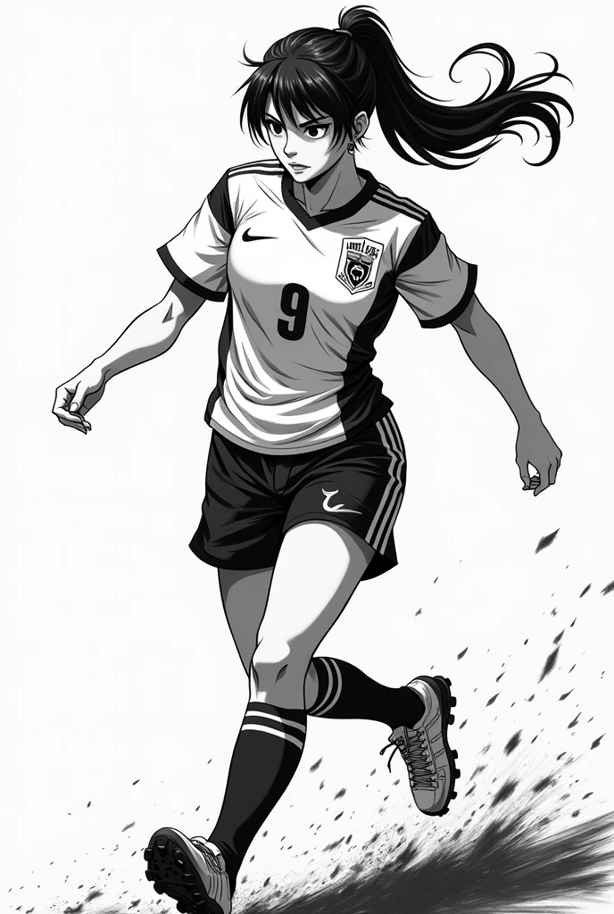 Create a female Blue Lock character(football anime) looking like manga(black andwhite)