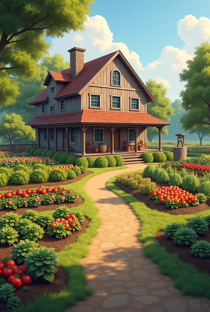 A farm with a traditional house with an orchard and a vegetable garden, and a yard with chickens and an artesian well