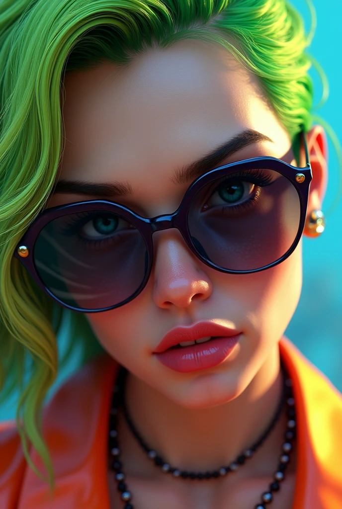 a close up of a person with green hair and sunglasses, style of gta v, as a character from gtav, gta5 style, gta v style, gta character, jerma985 as the joker, as the protagonist of gta 5, gta 6 style, ! split hair dye!, gta v character, gta 5 skin tone, gta v street style