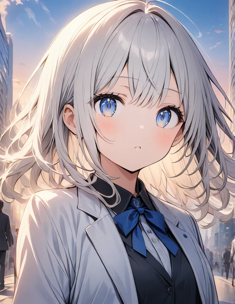 A white-haired, blue-eyed man in a white suit has a girl on his back and his back is turned in the middle of the city at sunset.