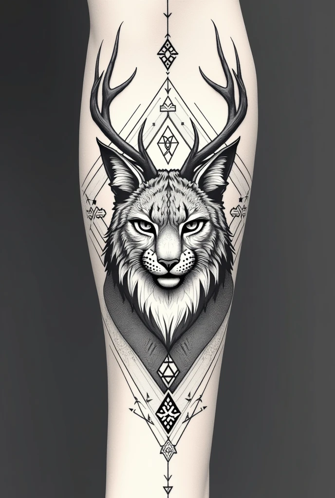 Could you create a sketch of a tattoo with just lines for the forearm of a lynx with deer antlers??, also with Nordic symbols