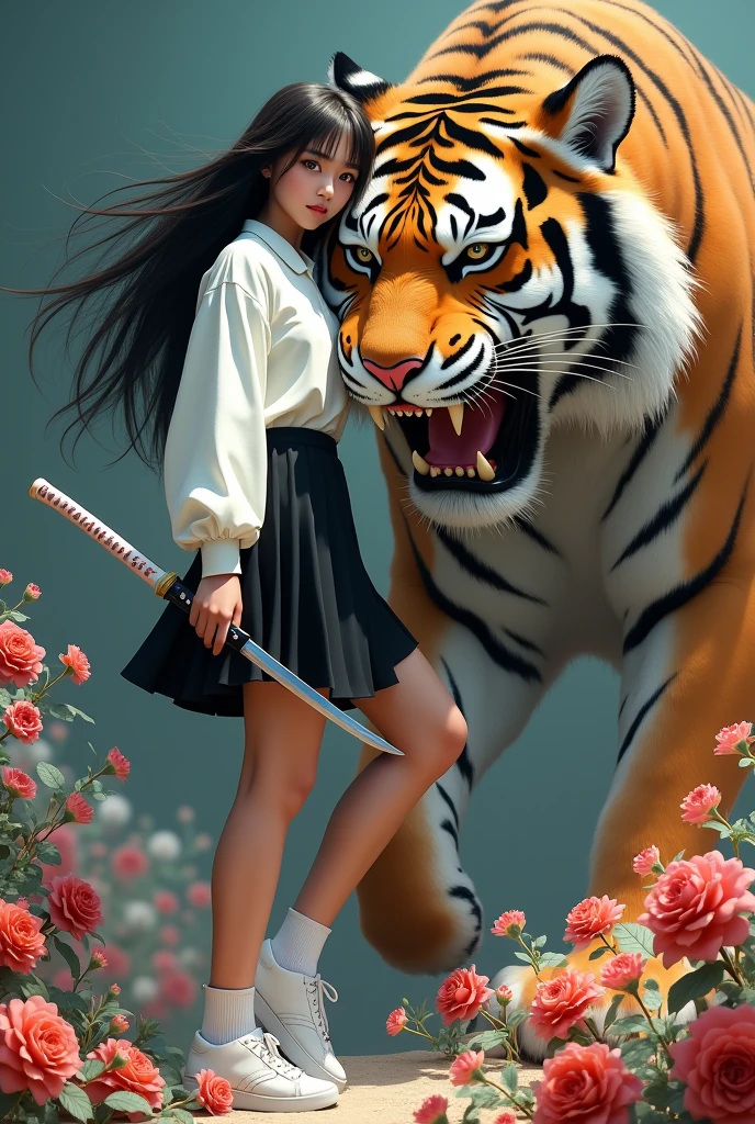 created a very realistic 3D painting image, a beautiful 17 year old long-haired Japanese woman, wearing a white long-sleeved shirt, black plisket skirt, long white socks and sneakers, holding a sharp, shiny katana, looking forward with a sharp gaze, standing and leaning on the body of a giant tiger with a fierce face, sharp fangs with a wild gaze, beautiful flower garden background with dazzling colorful flowers, images with a touch of 3D quality, cinematic, photographic