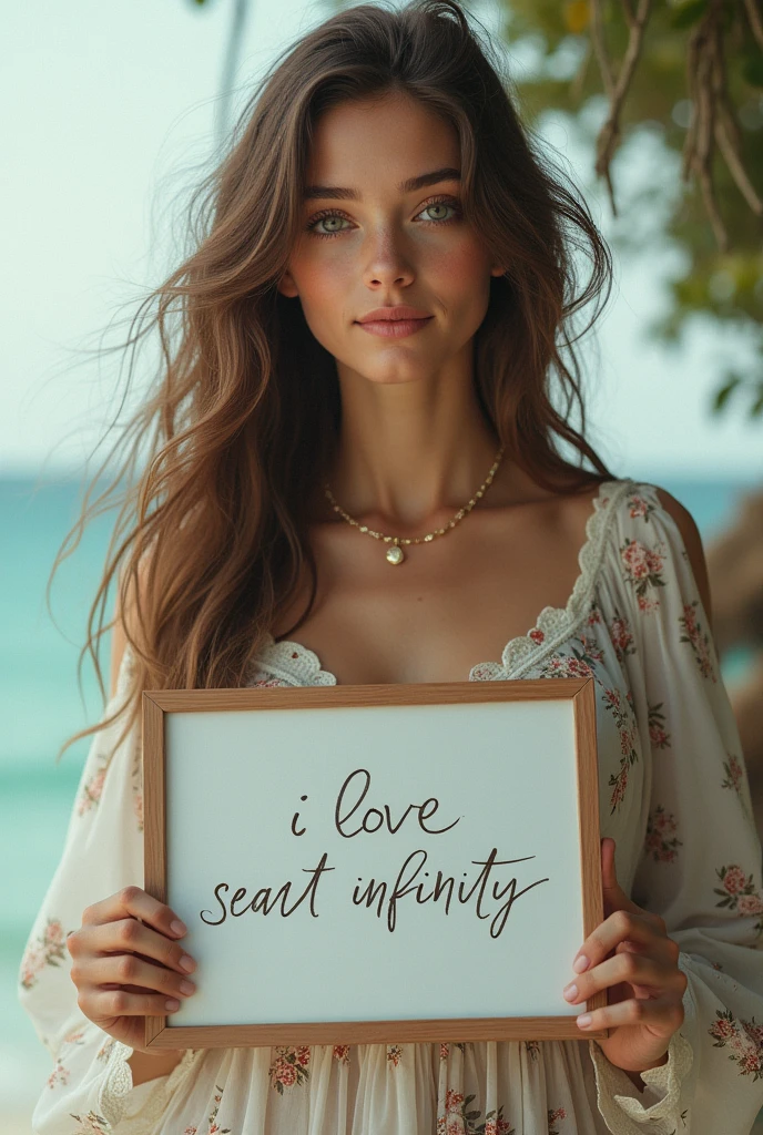 Beautiful girl with wavy long hair, bohemian dress, holding a white board with text "I Love Seaart Infinity" and showing it to the viewer