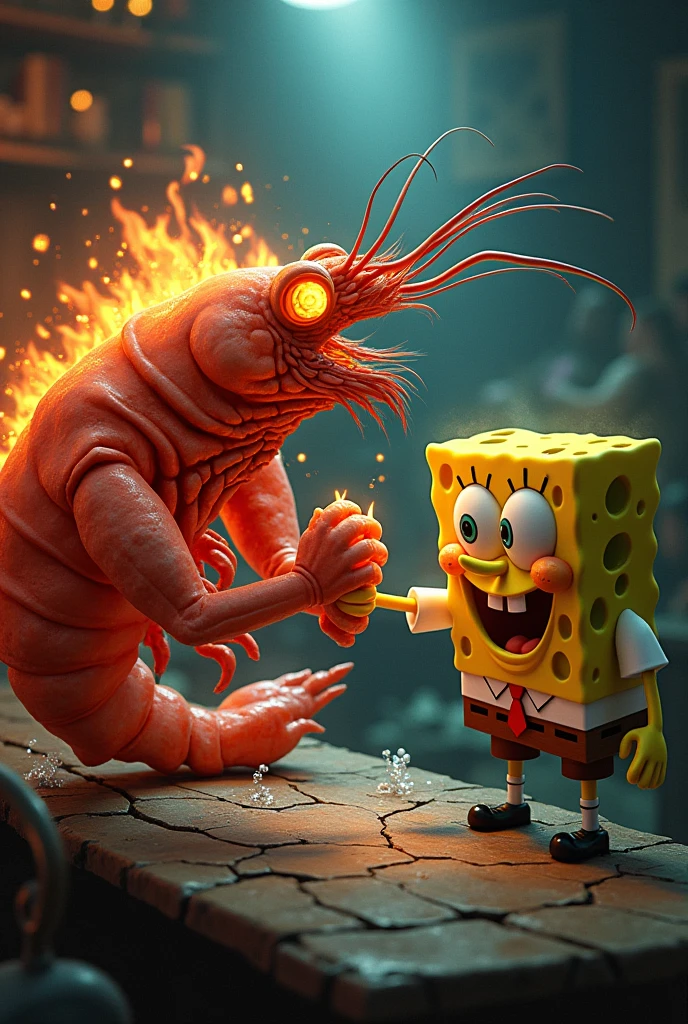 Create a flaming shrimp by arm wrestling with SpongeBob 
