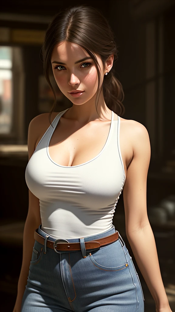 picture of (al3ssagigioli), a woman (wearing a tight white tank top:1.2), (wearing jeans:1.3), cleavage, modelshoot style, (extremely detailed CG unity 8k wallpaper), photo of the most beautiful artwork in the world, professional majestic oil painting by Ed Blinkey, Atey Ghailan, Studio Ghibli, by Jeremy Mann, Greg Manchess, Antonio Moro, trending on ArtStation, trending on CGSociety, Intricate, High Detail, Sharp focus, dramatic, photorealistic painting art by midjourney and greg rutkowski, (leather belt), (in a modeling studio:1.2), (looking at viewer), (detailed eyes:1.2)