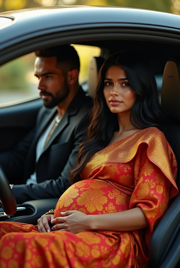 A sexy man with Clean shaven beard with sexy pregnant woman with Saree black hair in the McLaren car inside both are south indian 