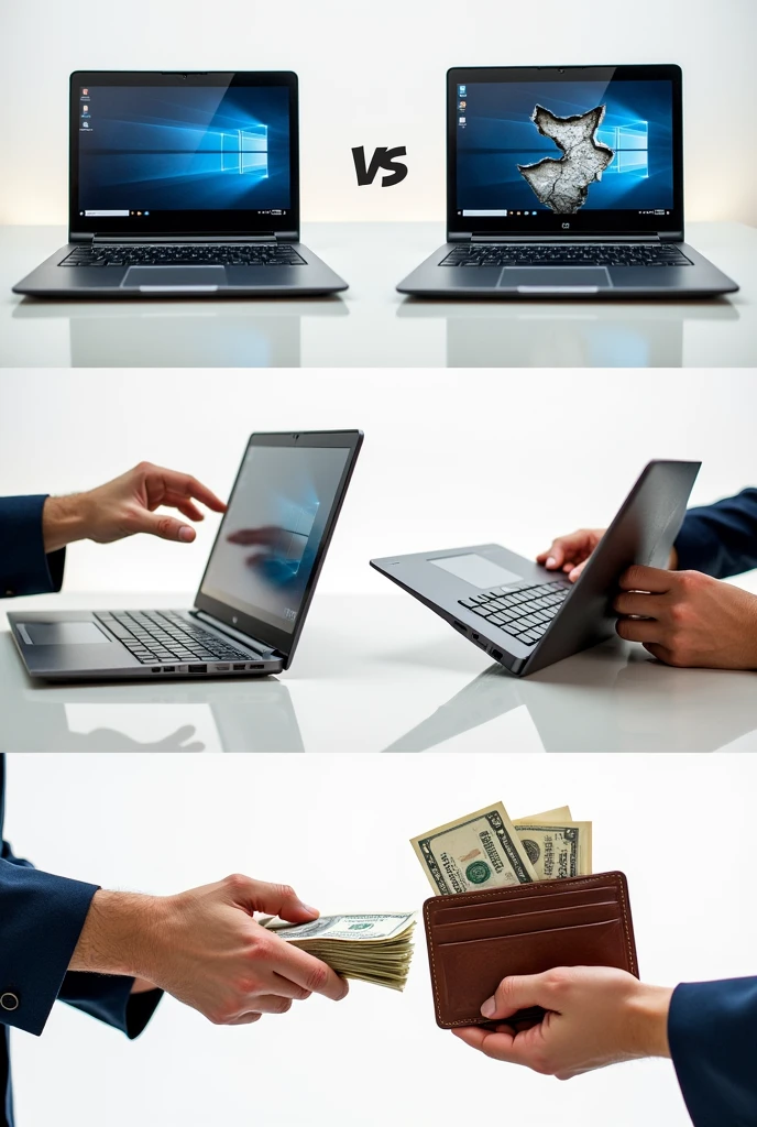Notebook with Obvious Defects:
Show a laptop with a cracked screen, missing keys or other visible damage. This helps to quickly convey that you are purchasing devices in any condition..
'Before and After' Image Montage:
Create a montage that shows a broken notebook on one side and, from the other, a repaired or refurbished version of the same device. This highlights the transformation you make.
Image of Money Next to a Damaged Laptop:
Display a photo of a damaged laptop next to a wad of cash or a wallet, suggesting that you pay cash for faulty appliances.
Photo of a Hand Exchanging a Laptop for Money:
An image where one hand is handing over a notebook and another is offering money. This symbolizes the quick and easy transaction you offer..
Attractive Text Banner:
A banner with the main text of the ad highlighted, using bright colors like yellow and red, along with icons of money and notebooks. This can be simple, but straight to the point.