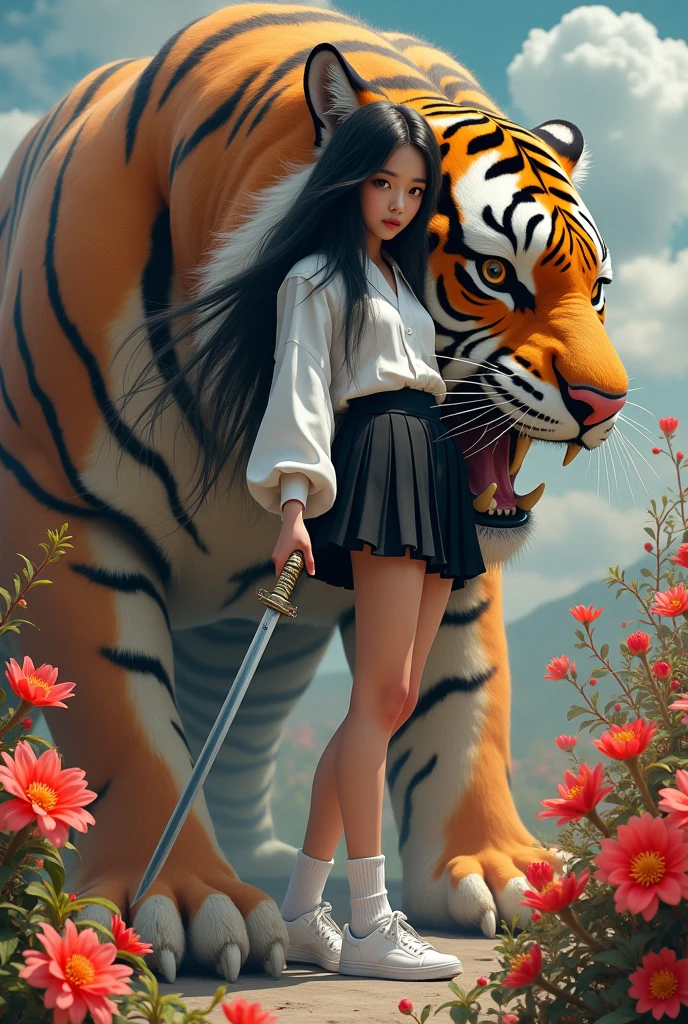 created a very realistic 3D painting image, a beautiful long-haired Japanese woman, wearing a white long-sleeved shirt, black plisket skirt, long white socks and sneakers, holding a sharp, shiny katana, looking forward with a sharp gaze, standing and leaning on the body of a giant tiger with a fierce face, sharp fangs with a wild gaze, beautiful flower garden background with dazzling colorful flowers, images with a touch of 3D quality, cinematic, photographic