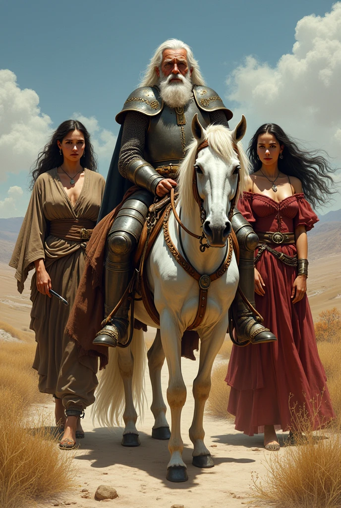Don Quijote of La Mancha, old man with white hair and white horse. With two women from the street (Prostitutes)