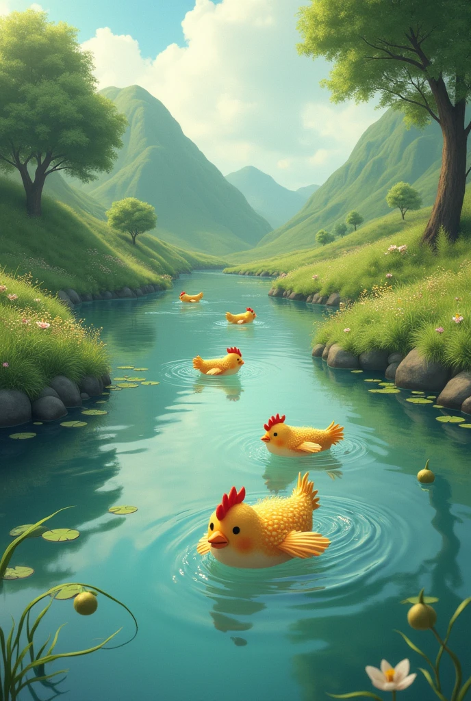 River with chicken-shaped fish