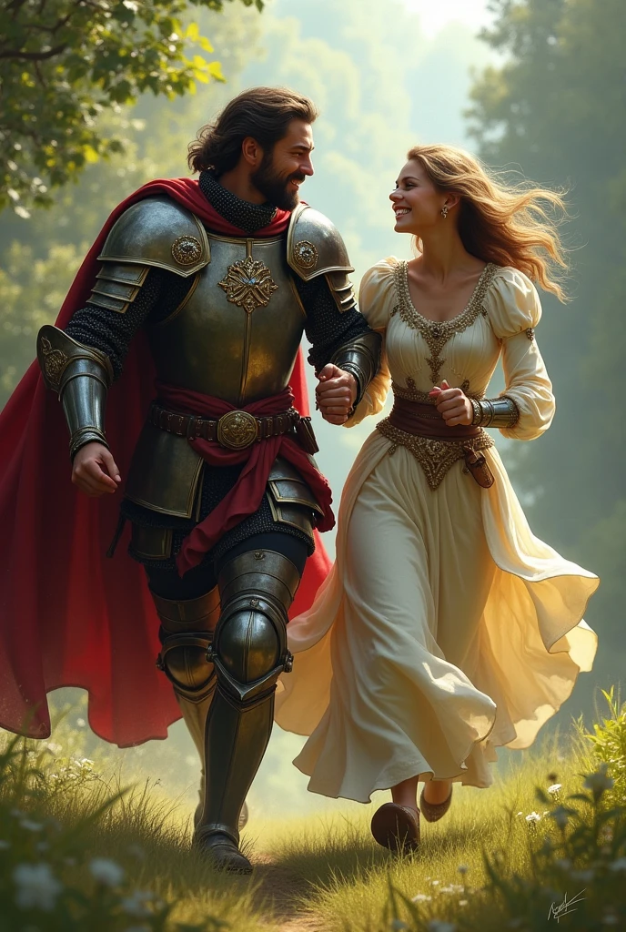 a high medieval southeast duke saving princess holding hands looking at each other while running away