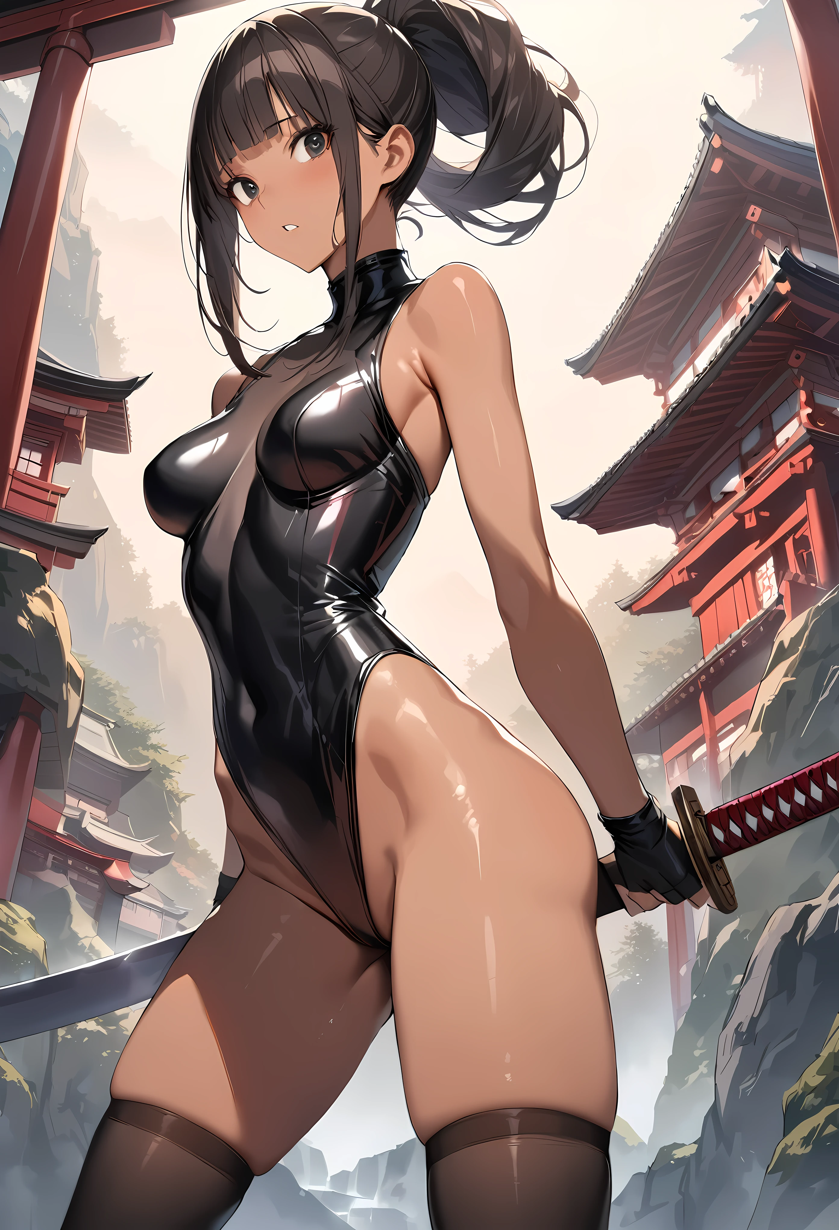 ((masterpiece,best quality anime,Highest quality:1.3)),realistic,cowboy shot,(25 year old beauty),Female ninja,1woman,solo,((very small head:1.4)),((very long body:1.3)),black hair,bangs,(long ponytail hair),gorgeous big eyes,black eyes,((tan skin:1.5)),(black high neck sleeveless,leotard、black_thighhighs,black fingerless gloves),((slender body:1.3,skinny)),medium breasts,gleaming skin,shiny skin,Fighting stance with a Japanese sword、(A detailed depiction of a Japanese sword),Old shrine in the mountains、Moonlit Night、Action Scenes、
