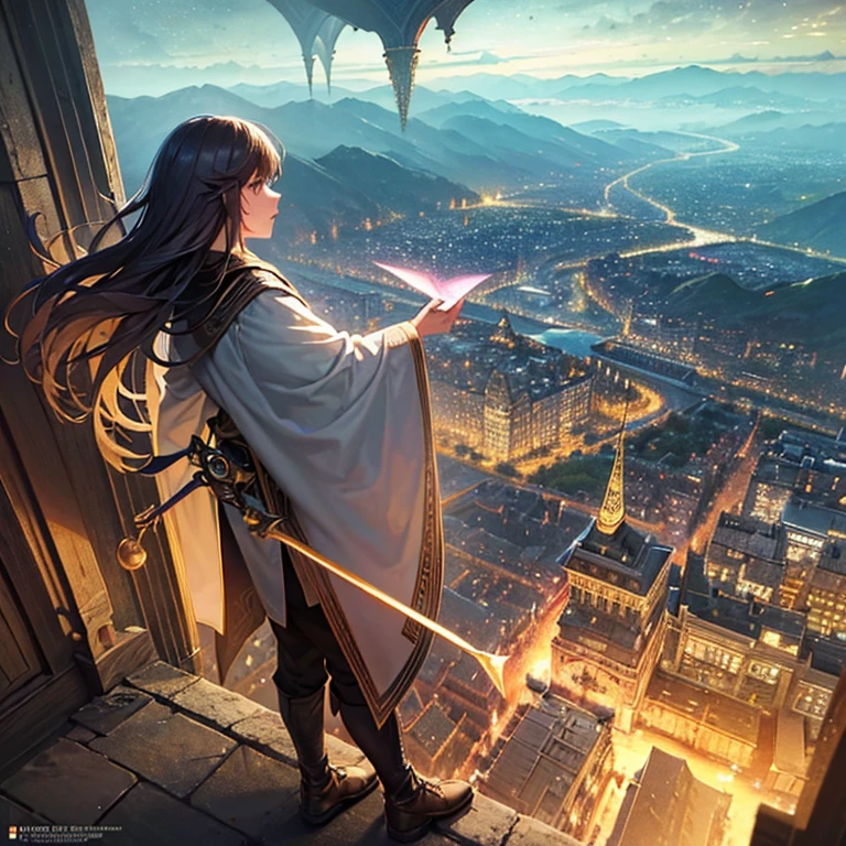 (masterpiece, best quality, ultra-detailed, illustration, high resolution, UHD, depth, cinematic lighting):1.4, solo, 1man, wizard, flying, night sky, outdoors, magic, moon, stars, clouds, mysterious, enchanting, whimsical, adventurous, imagination, realism, naturalistic, fantasy culture, mythology, legends, wizards, fantasy worlds, composition, scale, foreground, middle ground, background, perspective, light, color, texture, detail, powerful young wizard, druïd, dark magic, magic city, sinsiter character, floating above wizard city, side profile, side view, (view from above:1.2)
