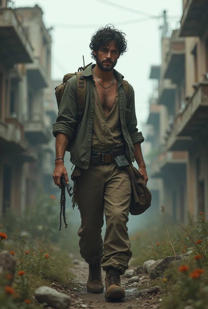 Create a casual white man with black curly hair in an apocalyptic world