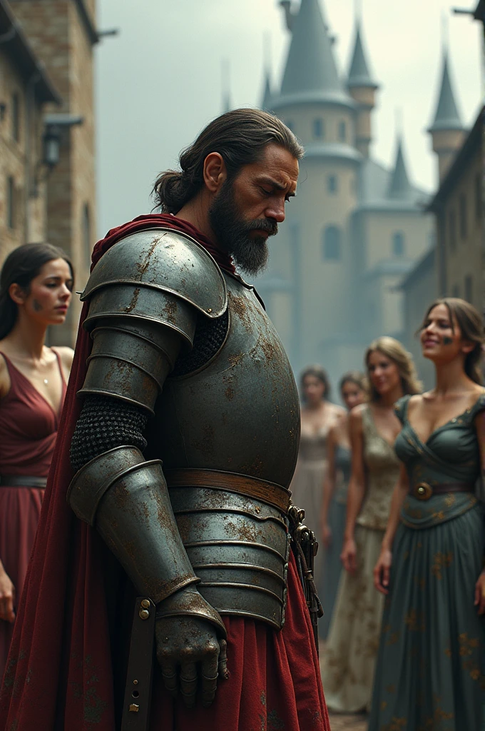 A knight in fake, rusty armor, He arrives at a castle with maidens, but they hid that they were prostitutes