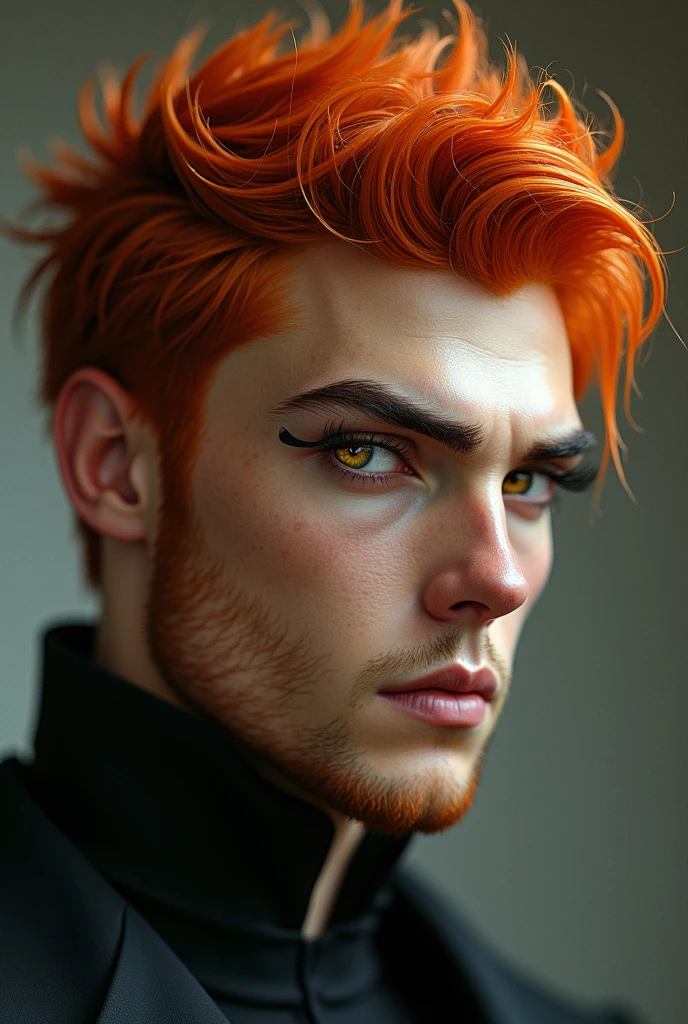 Make a handsome man with eyes the color of molten gold and the shape of cat eyes, but with super long eyelashes. Big red hair, flared nostrils and a very flat nose, prominent cheekbones and a strong, square chin