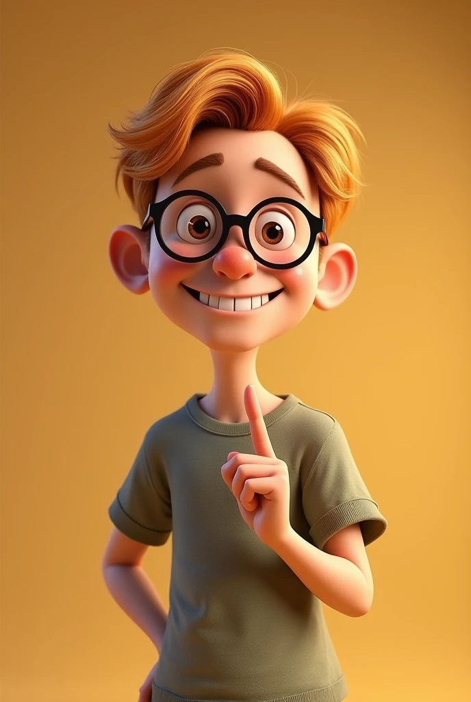 Prompt: Pixar style. CGI image. Francophonic caucasian man with strawberry short hair and a smiled face, wearing black-rimmed round style glasses, is curiously flip the bird. Dark beige gradient background , highly detailed 4k Octane post-processing complex picture sharp