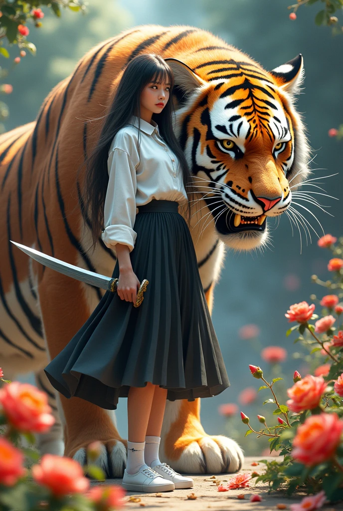 created a very realistic 3D painting image, a beautiful 17 year old long-haired Japanese woman, wearing a white long-sleeved shirt, black plisket skirt, long white socks and sneakers, holding a sharp, shiny katana, looking forward with a sharp gaze, standing and leaning on the body of a giant tiger with a fierce face, sharp fangs with a wild gaze, beautiful flower garden background with dazzling colorful flowers, images with a touch of 3D quality, cinematic, photographic
