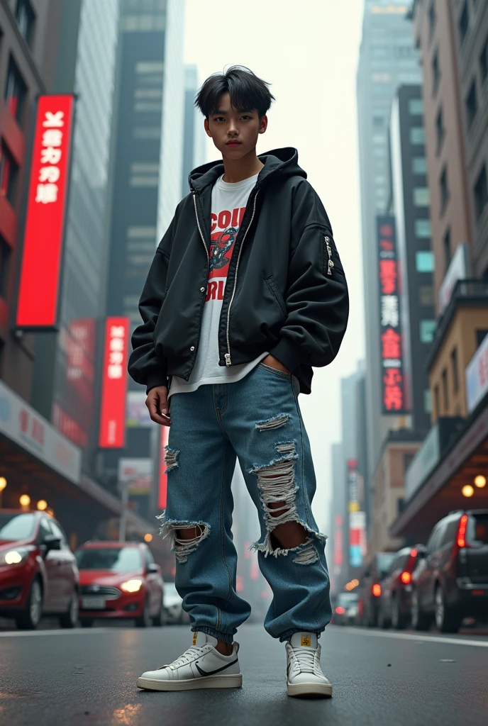 (A korean 18 year old boy with streetwear)