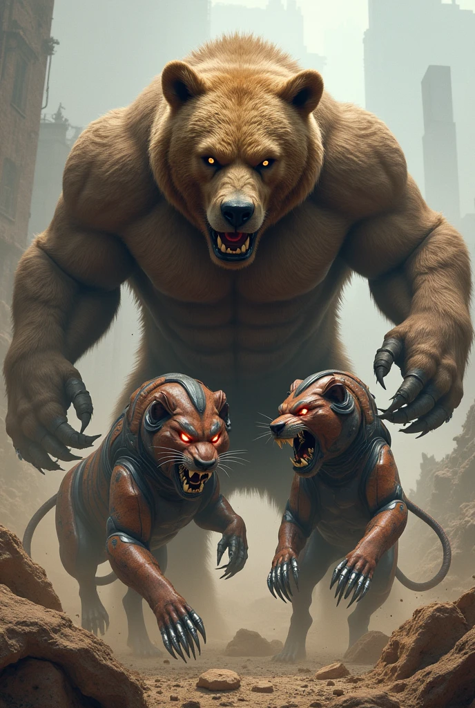 Muscular bear fighting robot lions