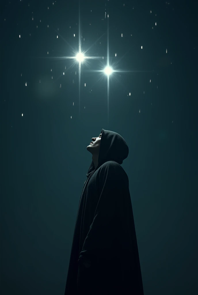 a mysterious man is looking at 2 shining stars