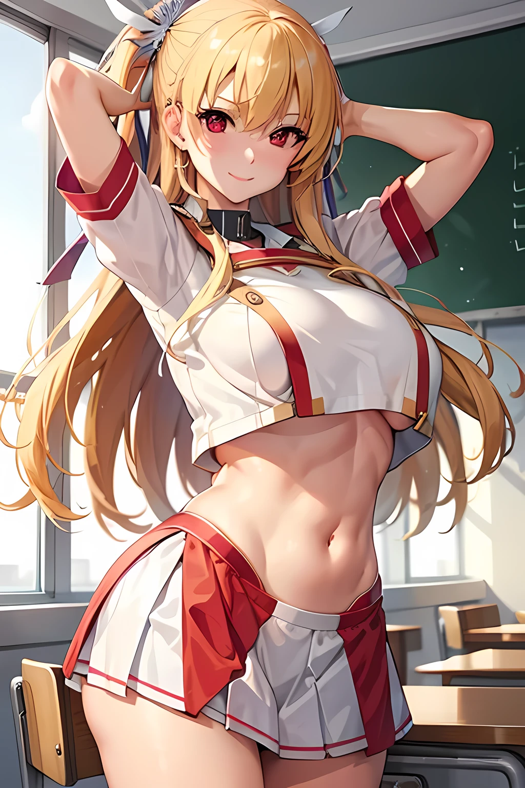 masterpiece, mischievous smile, alisa reinford, white cheerleader uniform, huge breasts, detailed classroom in the background, underboob, red eyes, navel, thong