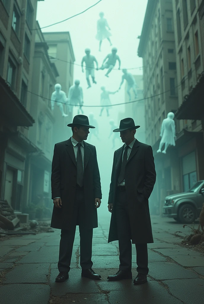 Peter and parker two dead detectives stand in street and lot of souls around them
