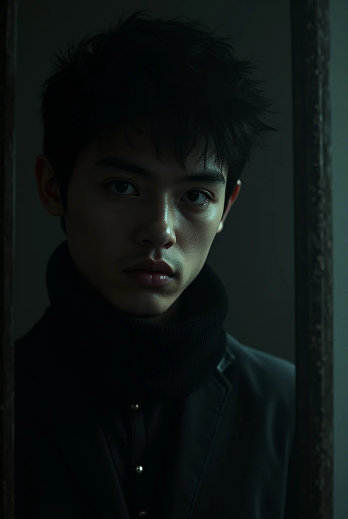 a mysterious young man shown in a mirror, his face partially obscured by shadows