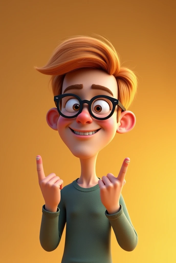 Prompt: Pixar style. CGI image. Francophonic caucasian man with strawberry short hair and a smiled face, wearing black-rimmed round style glasses, is curiously flip the bird. Dark beige gradient background , highly detailed 4k Octane post-processing complex picture sharp