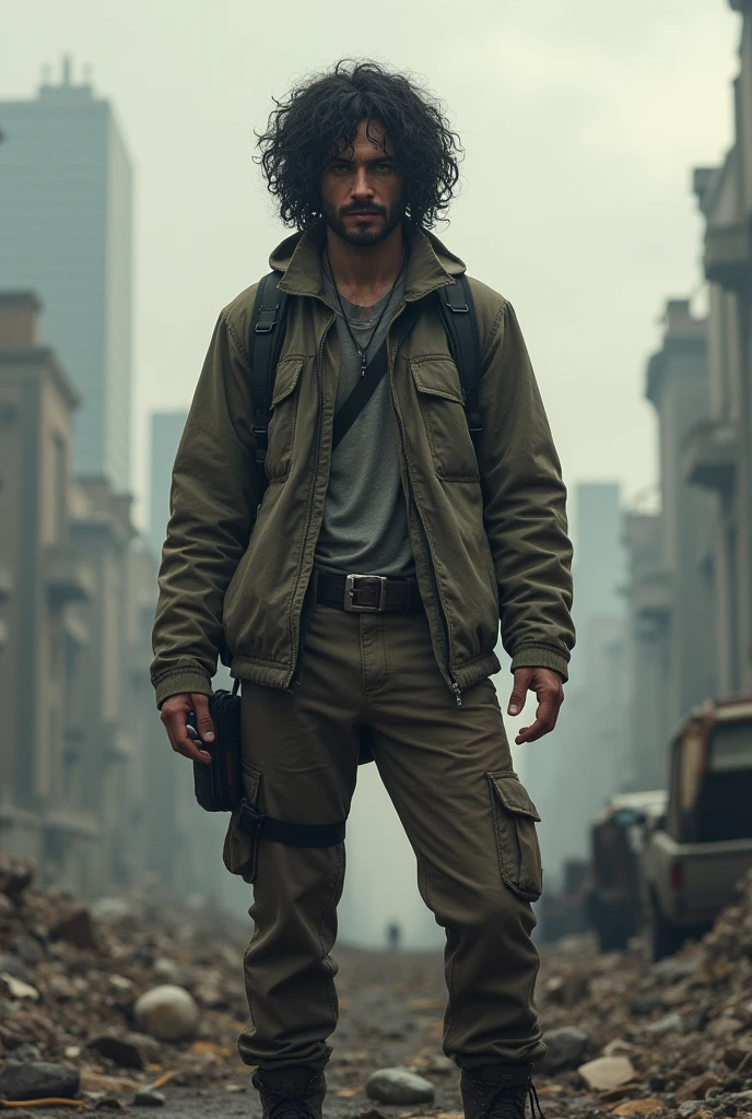 Create a casual white man with very curly black hair in an apocalyptic world 