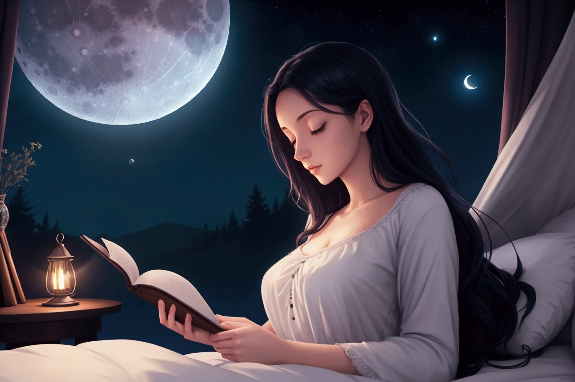 arafed woman reading a book in bed at night, dreamy night, moonlit night dreamy atmosphere, calm night. digital illustration, the moon behind her, by Cyril Rolando, beautiful moonlight night, inspired by Cyril Rolando, the moon and stars, sweet night ambient, in style of cyril rolando, looking at the moon