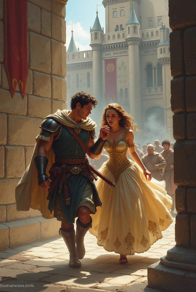 a high medieval southeast unarmored guy saving princess holding hands looking at each other while running away