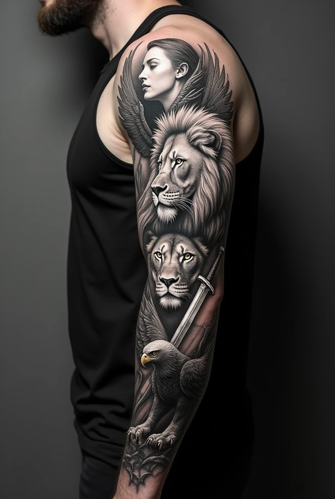 Create an image, a masterpiece of body art, covering the entire arm in a realistic black and gray style, exuding masculinity, strength, and beauty in every detail. on the shoulder, a powerful angel, with strong features and piercing gaze, carries a shining sword, symbol of protection and justice. Her wings, worked in detail, extend with majesty, each feather outlined with precision, transmitting both lightness and grandeur.

Going down the biceps, the face of a lion appears with a fierce and determined expression. Their eyes, sculpted with intensity, seem to observe everything with unshakable authority. A juba dThe lion é rica em detalhes, almost palpable, cada fio de cabelo transmitindo a strength selvagem e a realeza desse animal, considered the king of the jungle.

on the forearm, a majestic eagle descends in mid-flight, with wings wide open, capturing the exact moment of a dive. Its sharp claws are ready to capture its prey, representing the accuracy, the focus and freedom. The eagle&#39;s feathers, sculpted with an impeccable shading technique, refletem a luz, giving an illusion of movement and depth.

Each element of the tattoo connects harmoniously, criando uma narrativa de strength, courage, and sovereignty. O anjo, The lion, and the eagle are intertwined by shadows and textures that merge, bringing cohesion to the composition, while maintaining the identity and individual impact of each symbol. It is an intense and expressive work, projetada para um homem que carrega em si a essência da strength e da beleza em sua forma mais pura.